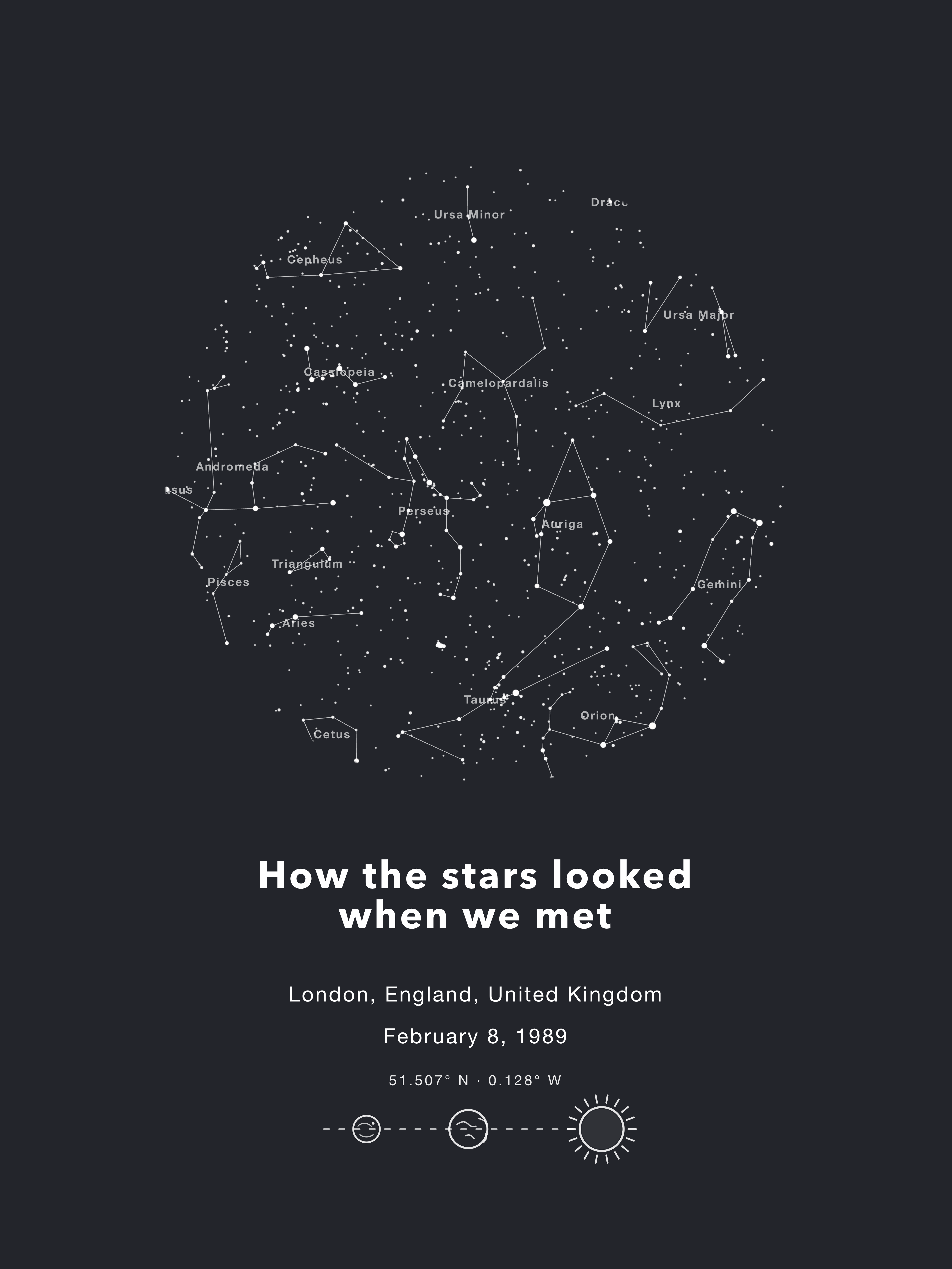 Personalized star map gift: heart-shaped custom night sky in blue with white stars and constellation lines, by StarFramer