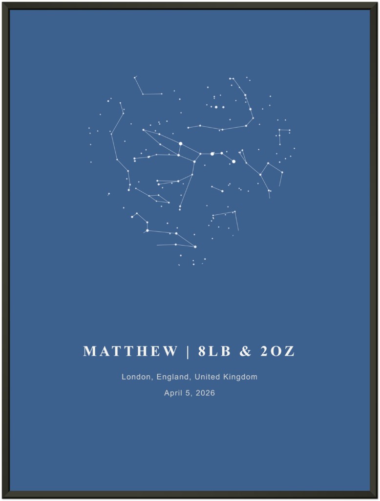 Personalized star map poster gift: heart-shaped custom night sky in blue with white stars and constellation lines, framed print by StarFramer