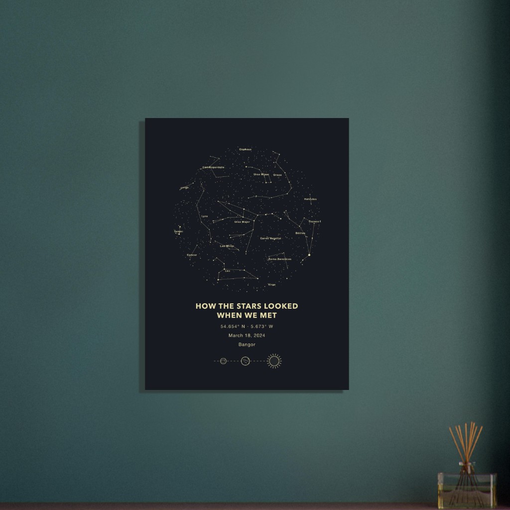 Charcoal and gold custom star map on a dark teal wall: real sky for Bangor with gold stars, text, and celestial line art
