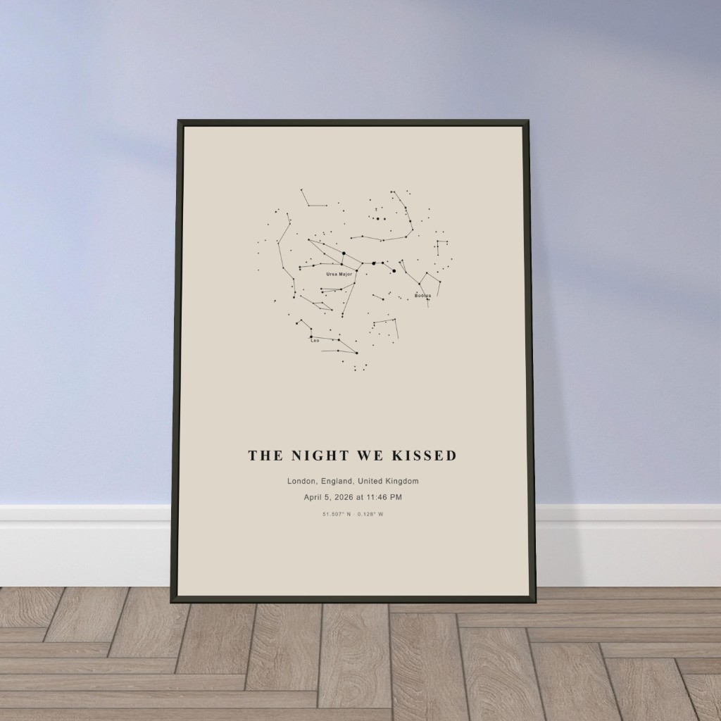 Framed cream custom constellation map leaning on a light blue wall over herringbone wood floor—star map gift and home decor