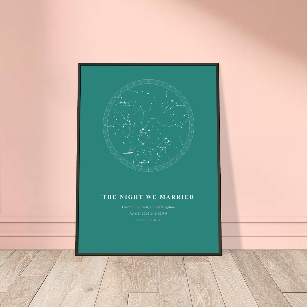 Teal framed star map poster gift leaning on a pink wall with light wood floor—compass border and labeled constellations